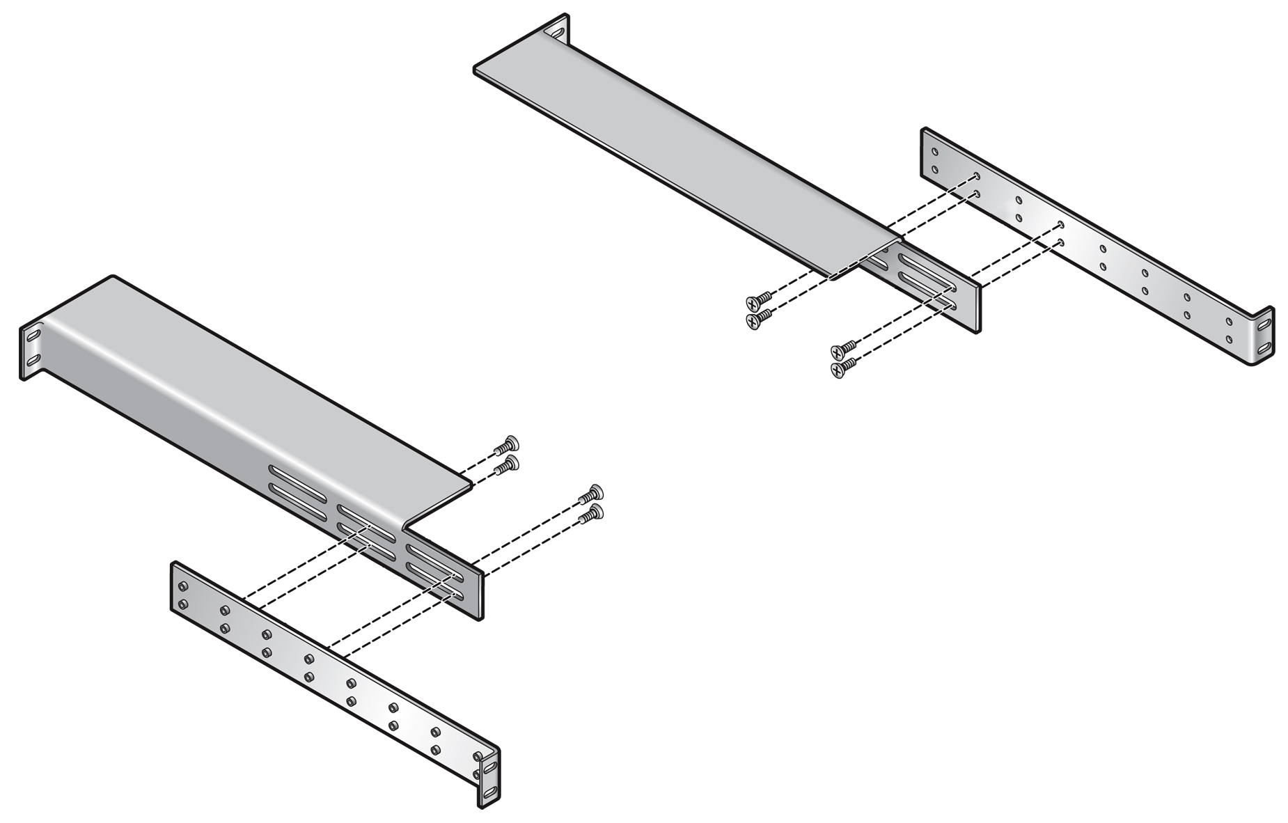 image:Figure shows each of the two rack mount rails has two                                     pieces, held together by four screws apiece.