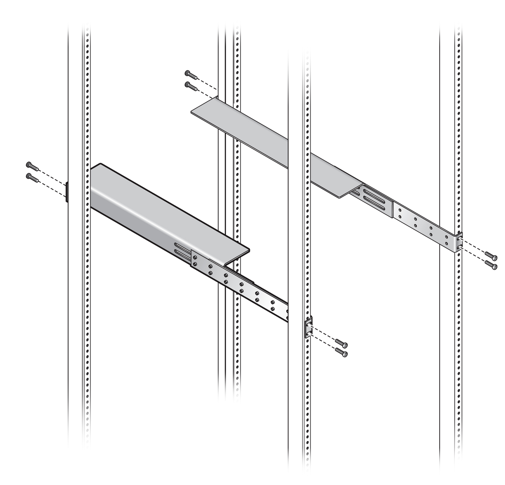 image:Figure shows the rack mount rails are attached with two                                     screws at each end.