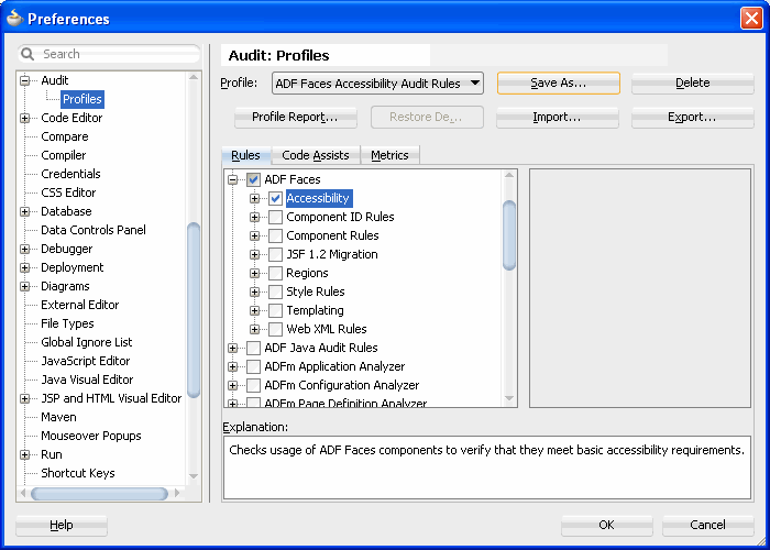 ADF Facesアクセシビリティの監査プロファイルの設定