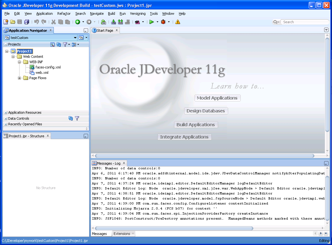 JDeveloperのワークスペースにプロジェクトとファイルが含まれます