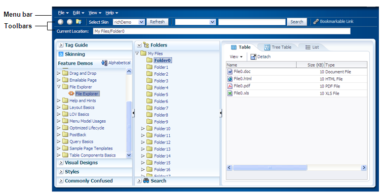 File Explorerデモにはメニューおよびツールバー・ボタンがあります