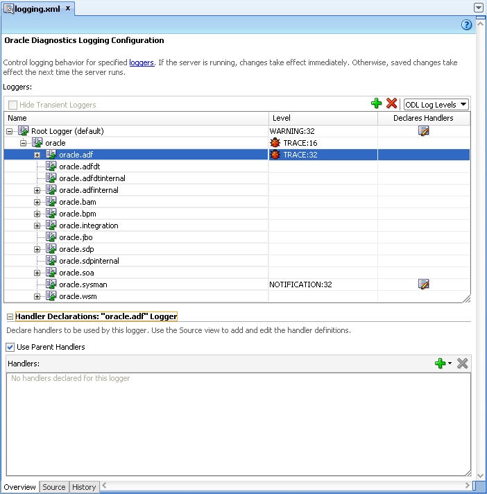 Oracle Diagnostic Logging Configurationの概要エディタ