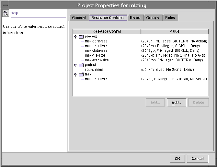 image:Screenshot zeigt die Registerkarte „Resource Controls“. Resource Controls und deren Werte sind auf der Registerkarte angezeigt.