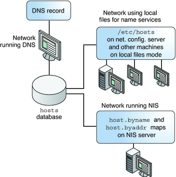 image:Diese Abbildung zeigt die unterschiedlichen Formen, die von den Namenservices DNS, NIS und NIS+ und den lokalen Dateien in der hosts-Datenbank gespeichert werden.