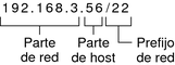 image:La figura muestra las tres partes de la dirección CIDR (la parte de la red, la parte del host y el prefijo de la red), que se describen a continuación.