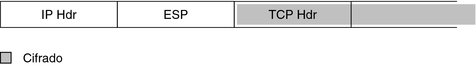 image:En el gráfico, se muestra el encabezado ESP entre el encabezado IP y el encabezado TCP. El encabezado TCP se cifra mediante el encabezado ESP.