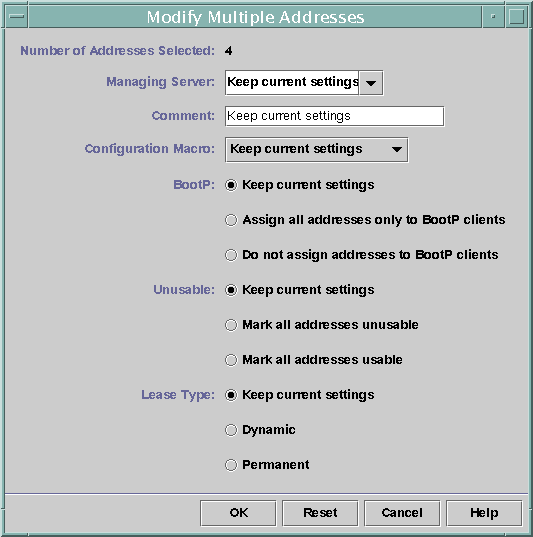 image:El cuadro de diálogo muestra las listas desplegables Managing Server y Configuration Macro. Muestra las selecciones para BOOTP, Unusable addresses y Lease Type.