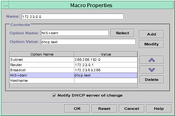 image:El cuadro de diálogo muestra una lista de opciones y sus valores. Muestra los botones Select, Add, Modify, arriba y abajo y Delete. Incluye una casilla de verificación para notificar los cambios al servidor.