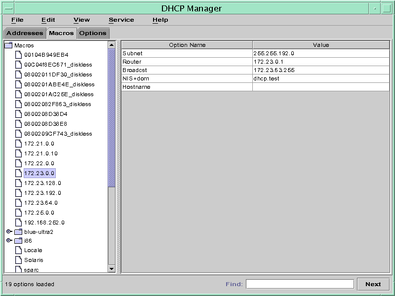 image:La ficha Macros muestra la lista de macros con una macro seleccionada. Se muestran los nombres de opciones y los valores que contiene la macro.