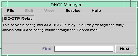 image:La ventana muestra la ficha BOOTP Relay, que indica que el servicio de reenvío se administra con el menú Service.