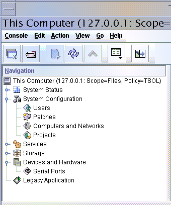 image:Files(파일) 범위에 Trusted Extensions 도구 모음의 Navigation(탐색) 창이 표시됩니다. Devices and Hardware(장치 및 하드웨어) 노드가 표시됩니다.
