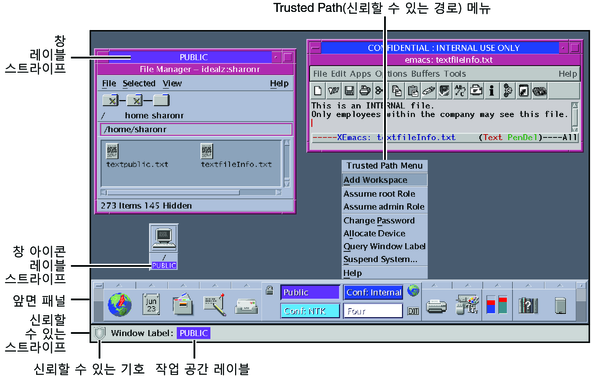 image:화면에는 창과 아이콘에 레이블이 표시되며, 신뢰할 수 있는 기호와 작업 공간 레이블이 있는 신뢰할 수 있는 스트라이프가 표시됩니다.