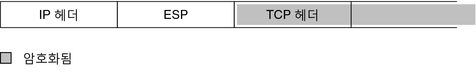 image:그림은 IP 헤더와 TCP 헤더 사이의 ESP 헤더를 보여줍니다. TCP 헤더는 ESP 헤더로 암호화됩니다.