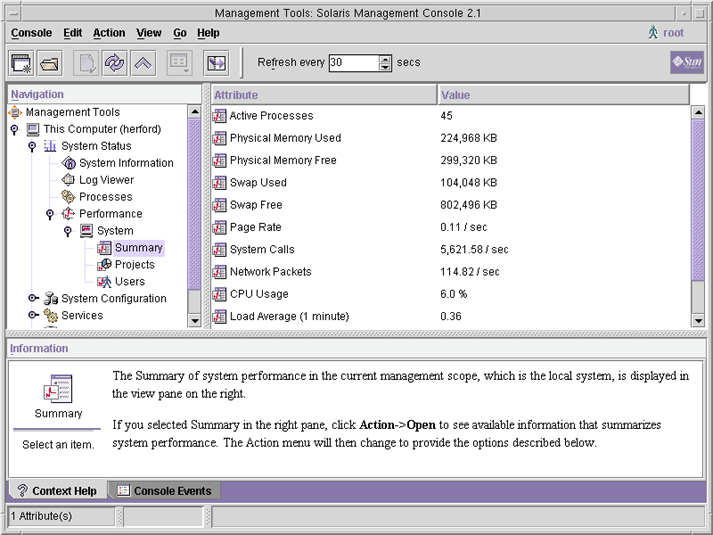 image:Management Tools(관리 도구)의 Navigation(탐색) 창에서 Performance(성능)를 보여 주고, Attribute(속성) 및 Value(값) 창에서 시스템 성능에 대한 요약 정보를 보여 주는 화면 캡처입니다.