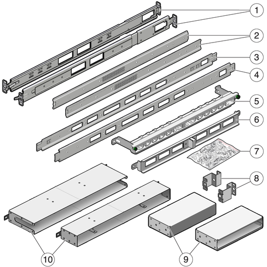 image:Figure shows the contents of the Rack rail kit.