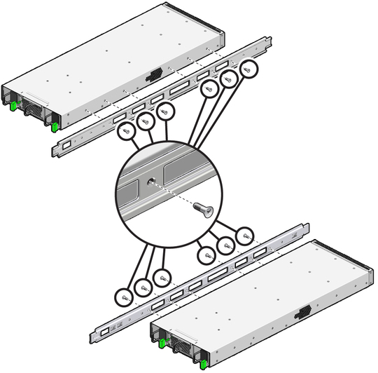 image:Figure shows attaching the rails to the switch chassis.