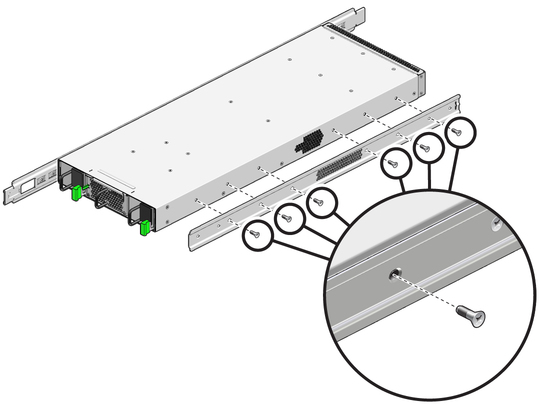 image:Figure shows attaching the rails to the switch chassis.