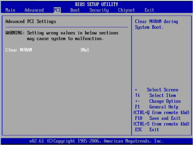 画像: 「BIOS Setup Utility: PCI - Advance PCI Settings」を示す図。