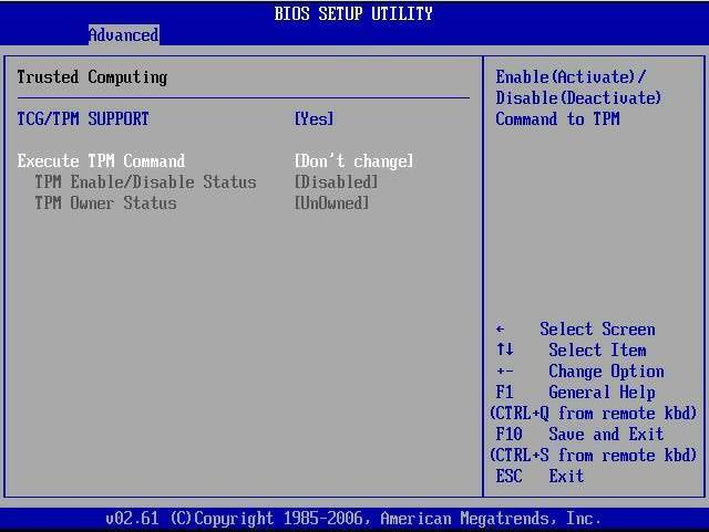 「TCG/TPM support」が有効になっている「Trusted Computing」ダイアログを示す図。 画像: 「TCG/TPM support」が有効になっている「Trusted Computing」ダイアログを示す図。