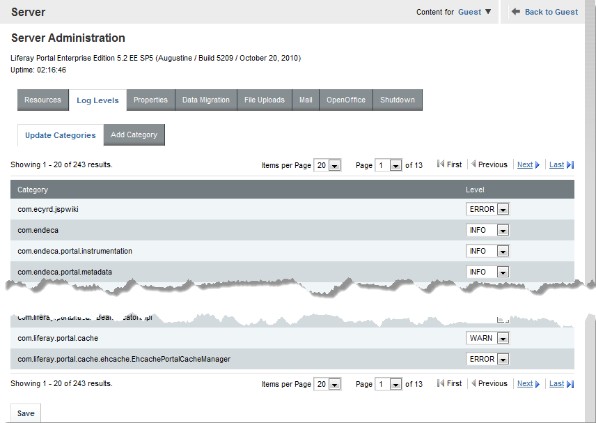 Using the Control Panel to adjust logging verbosity