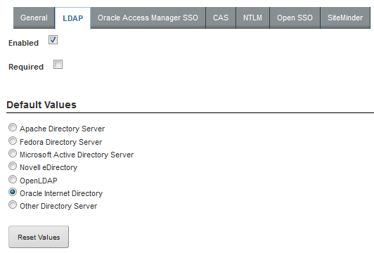 LDAP connection page with initial selections for SSO