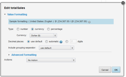 Attribute configuration dialog for a displayed attribute on the Map component