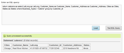 EQL section for a location set on the Map component edit view after the query is validated