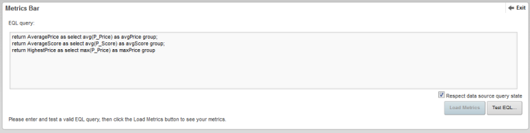 Metrics Bar edit view with EQL query entered but not validated