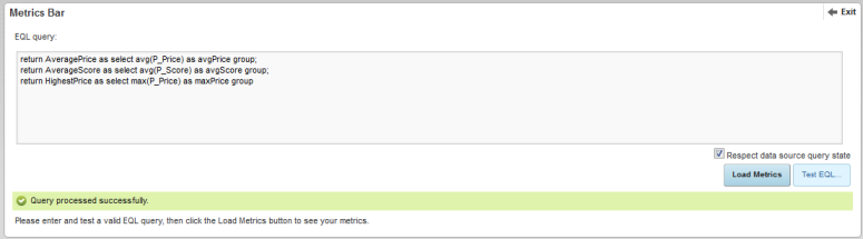 Metrics Bar edit view after the EQL query has been validated