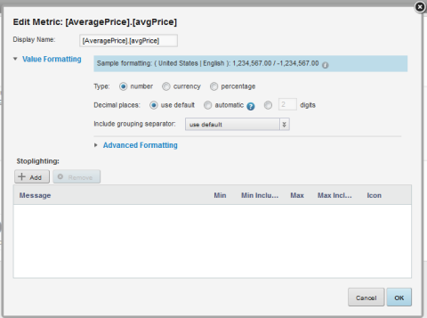 Edit Metric dialog displayed from the Metric Bar component edit view with no stoplighting