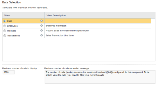 Data Configuration tab of the Pivot Table component edit view