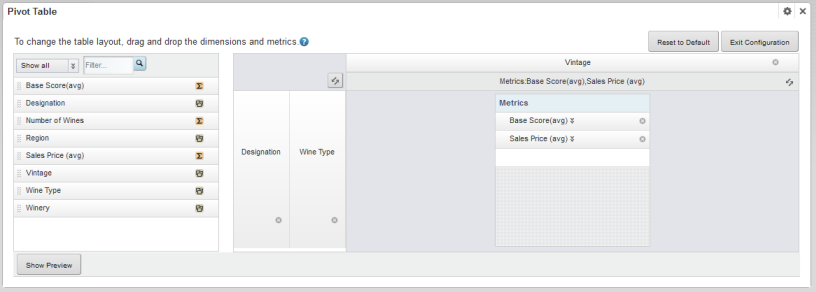 End user configuration view of the Pivot Table