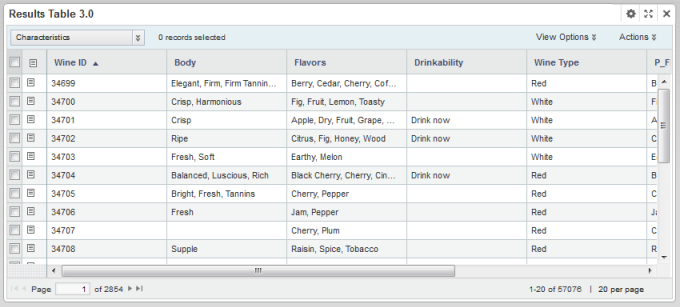 Results Table component showing a record list