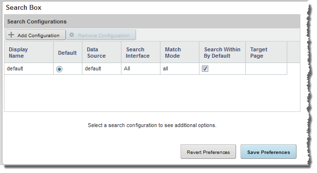 Initial view of the Search Box edit view for a new component showing the default configuration