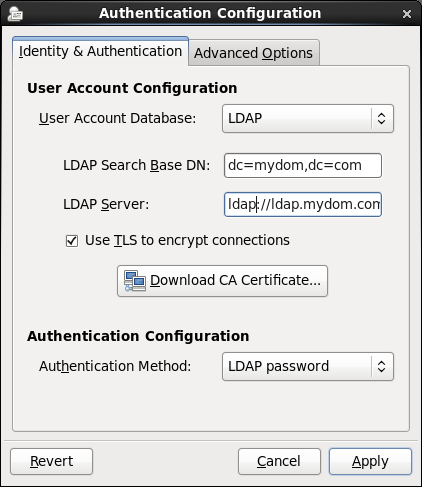 この図は、ユーザー・アカウント・データベースおよび認証としてLDAPが選択された認証構成GUIを示しています。