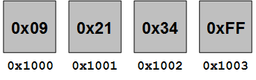 この図は、16進数値0xFF342109がリトル・エンディアン・マシン上のメモリー位置0x1000から0x1003に格納されている様子を示しています。 アドレス0x1000のバイトには、値0x09が格納されています。 アドレス0x1001のバイトには、値0x21が格納されています。 アドレス0x1002のバイトには、値0x34が格納されています。 アドレス0x1003のバイトには、値0xFFが格納されています。 
