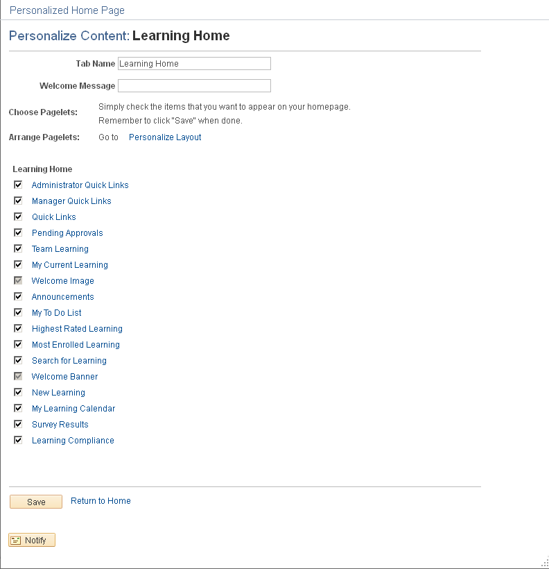 Personalize Content: Learning Home page