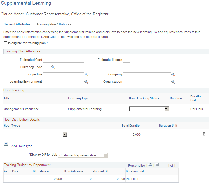 Supplemental Learning: Training Plan Attributes page