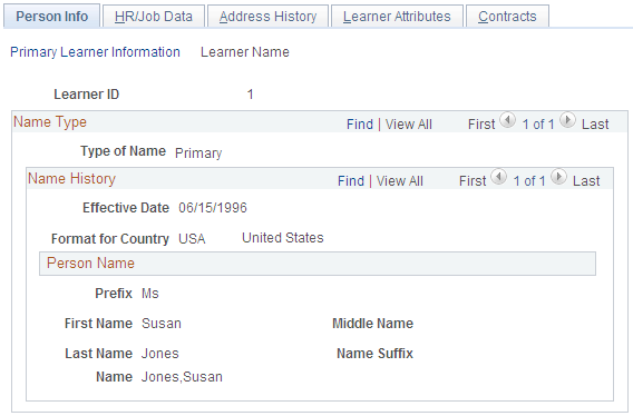 Person Info: Learner Name page