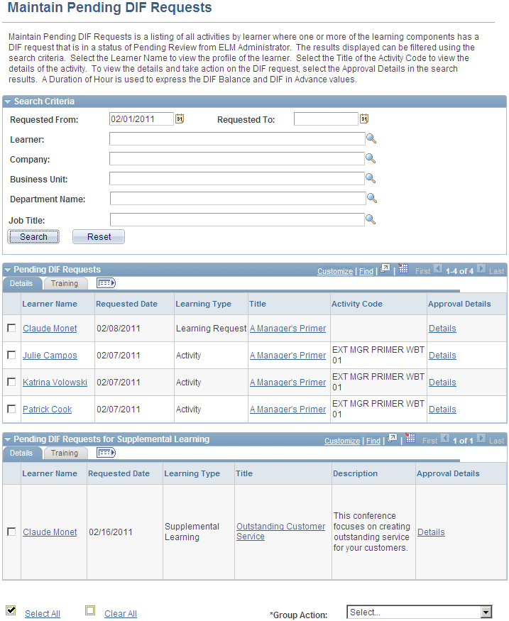 Maintain Pending DIF Requests page