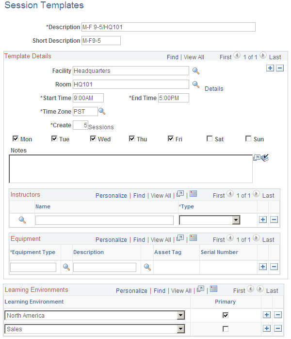 Session Templates page