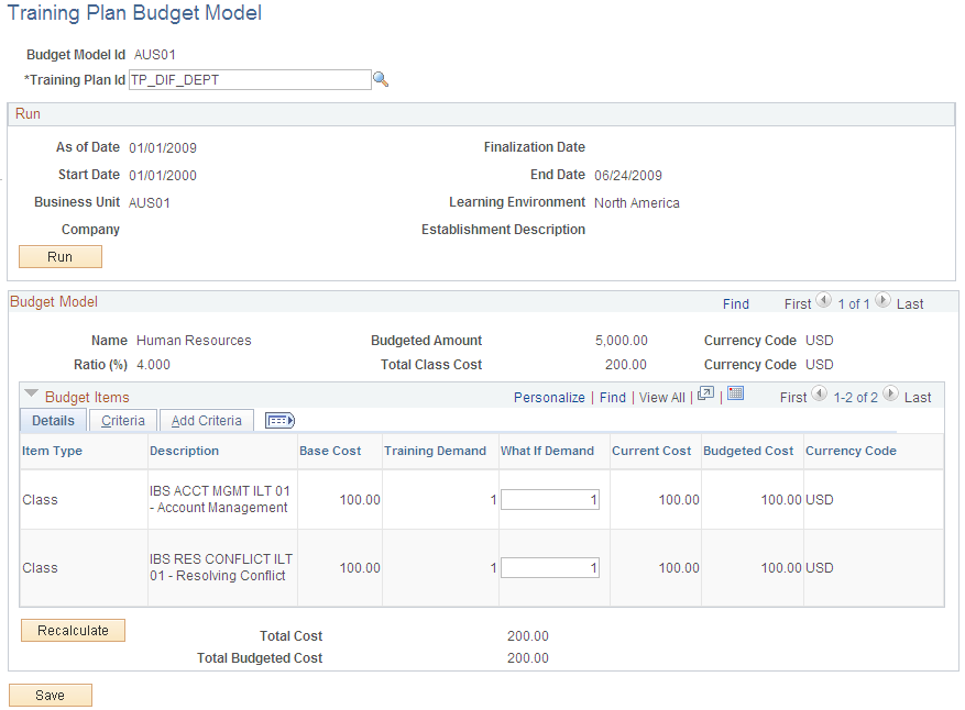 Training Plan Budget Model page