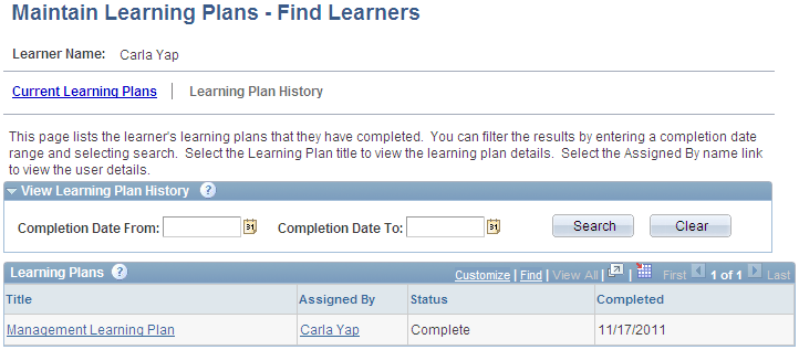 Maintain Learning Plans - Learning Plan History page