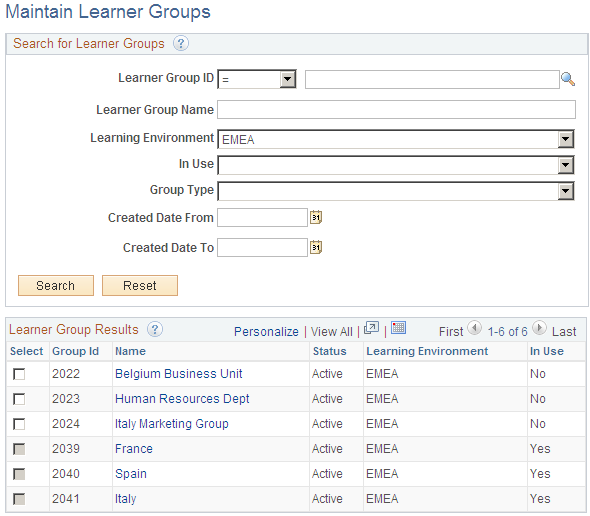 Maintain Learner Groups page