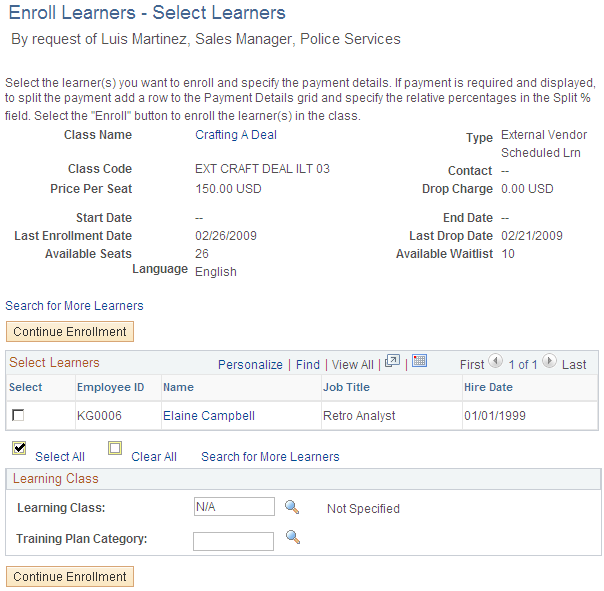 Enroll Learners - Select Learners page