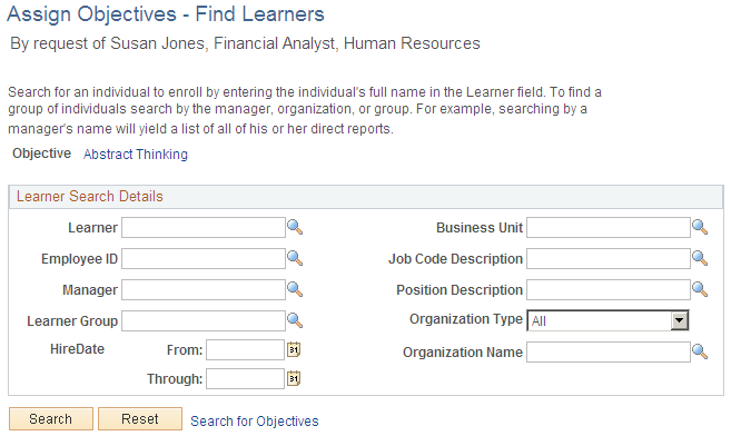 Assign Objectives - Find Learners page