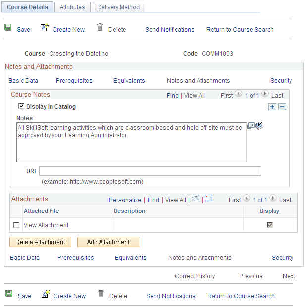 Course Details: Notes and Attachments page