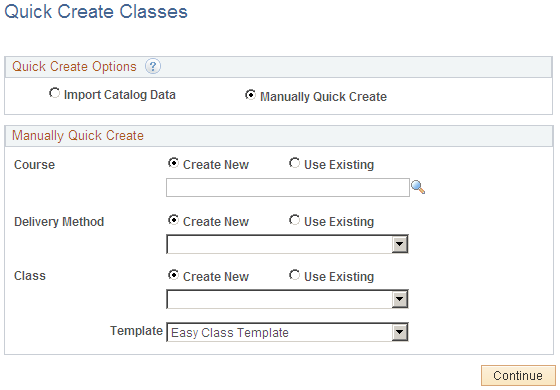 Quick Create Activities page with Manually Quick Create Selected