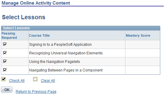 Select Lessons page