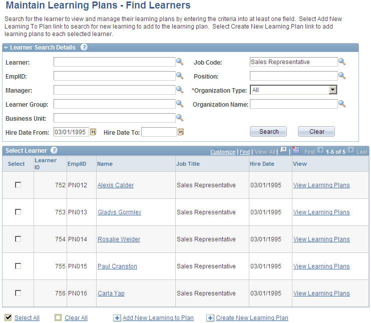 Maintain Learning Plans page